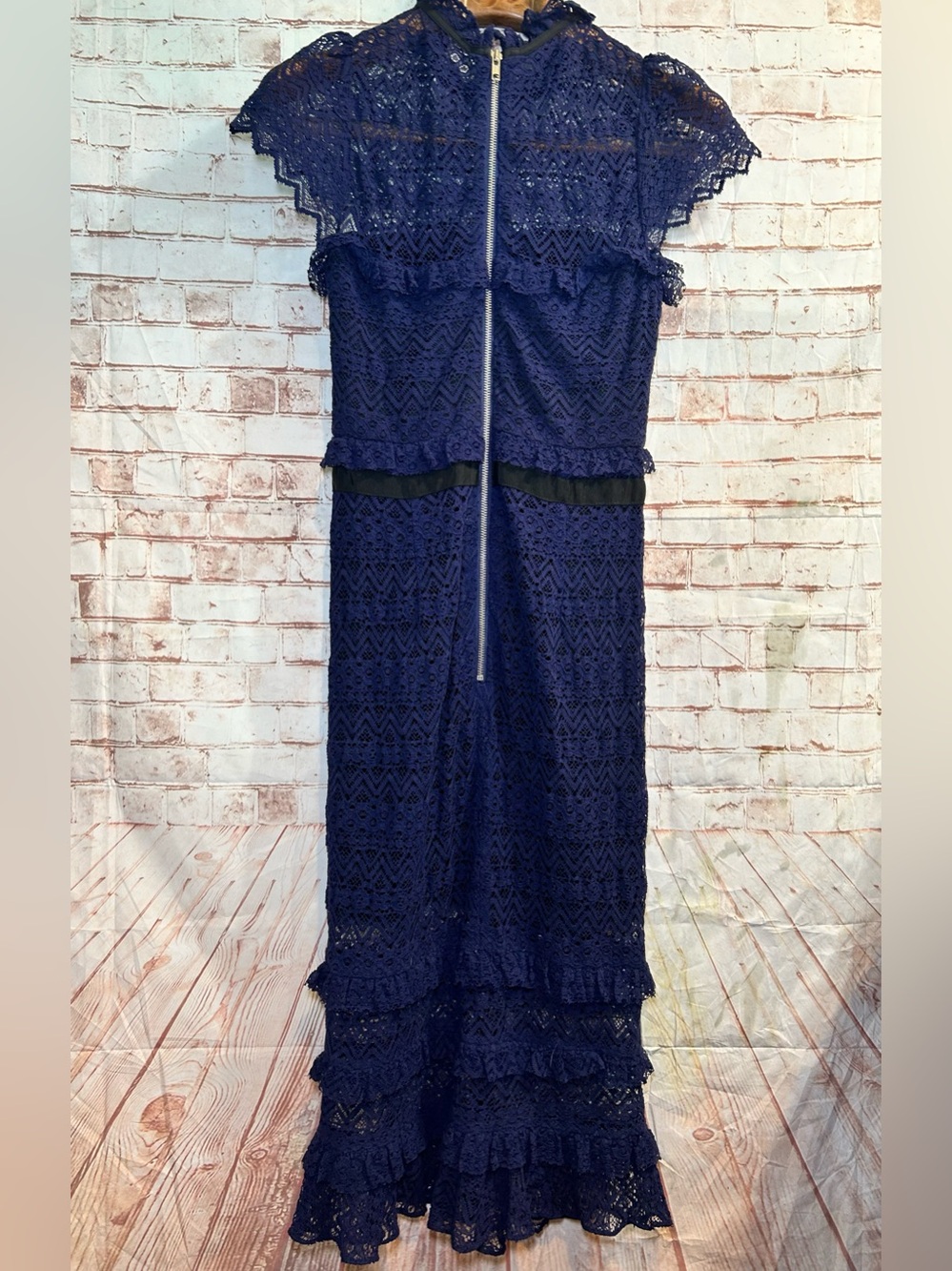Parker Navy Lace Midi Dress with Tiered Hem - Picture 5 of 9